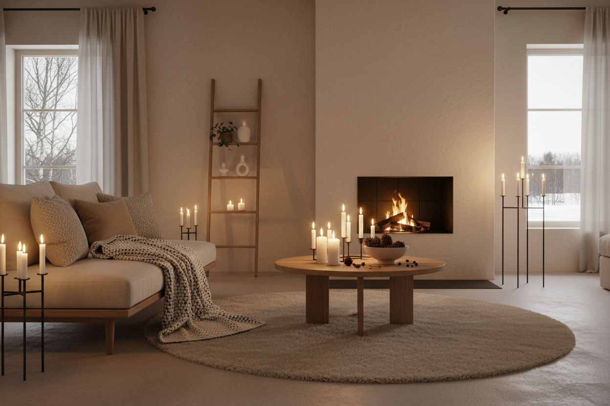 Scandinavian winter interior, beige and cream tones, soft lighting, candles glowing, cozy textiles, minimalist decoration, warm modern hygge aesthetic, ultra-realistic, 8K.