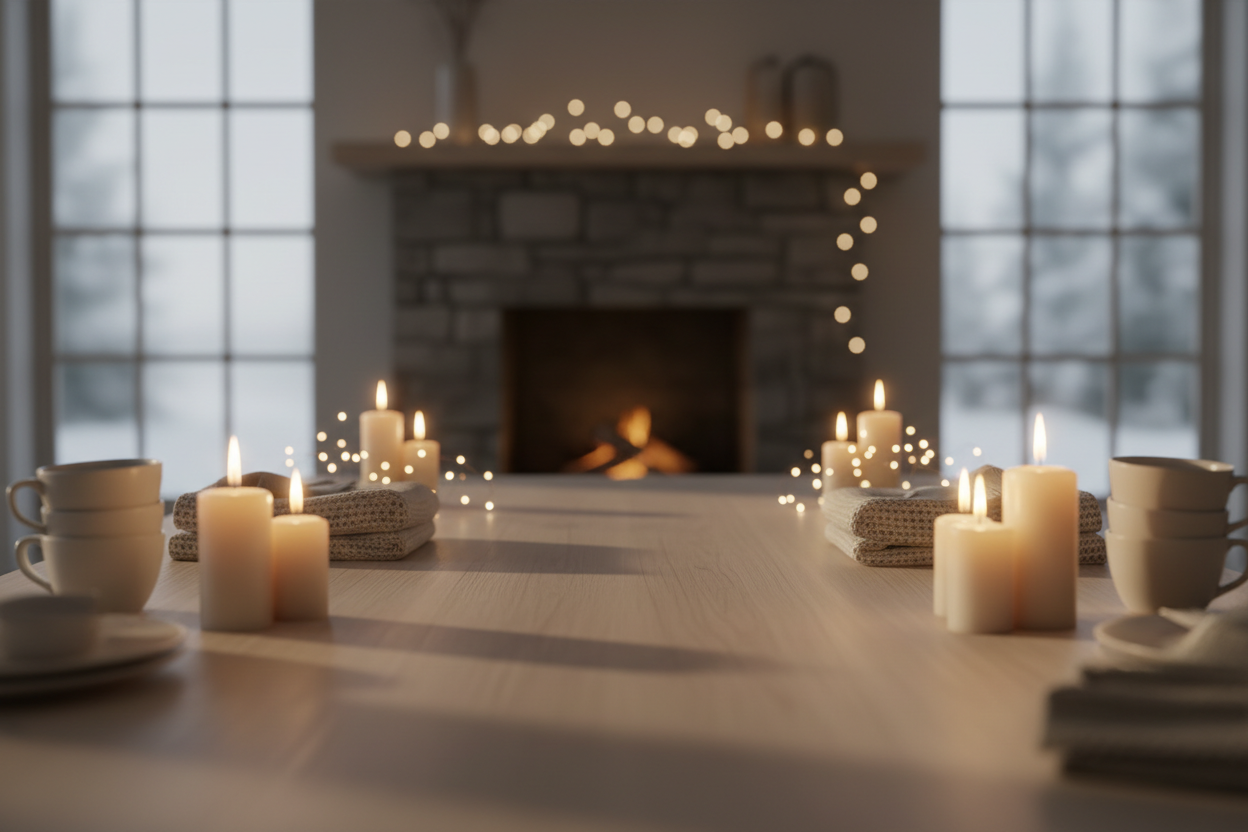 Warm and cozy winter scene in a minimal Scandinavian style. A wooden table with soft beige textiles, candles glowing on the left and right sides, subtle fairy lights, warm golden lighting, gentle shadows. Leave the central area clean and slightly blurred to place text. Neutral winter tones (beige, cream, light wood). High-end, cinematic, soft depth of field, 8K, aesthetic composition with focus on the sides